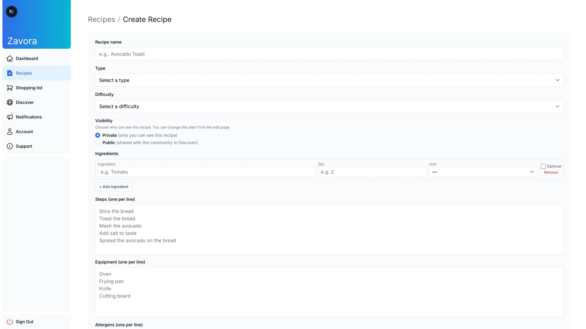 Zavora creator recipe dashboard